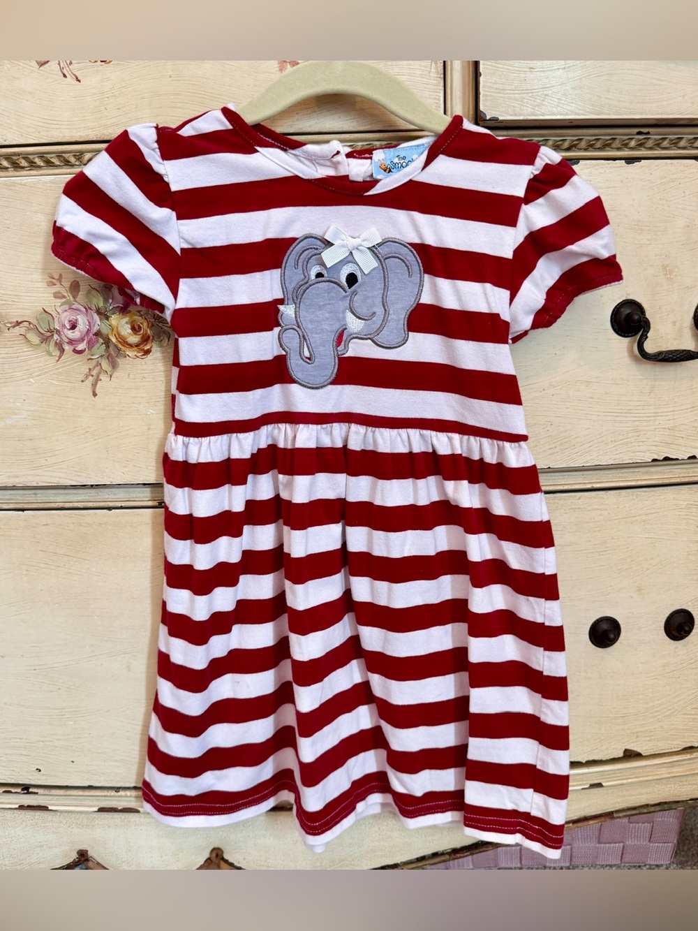 Red & White Striped Elephant Appliqué Casual Kids Dress